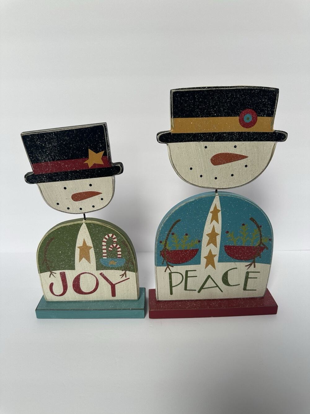 Primitives by Kathy Snowman JOY PEACE Wood Christmas Sitters Set of 2 Rustic